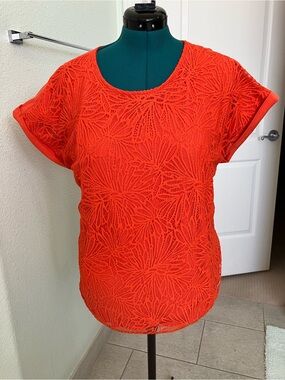 Jones New York Bright Orange Floral Lace Short Sleeve Top XL